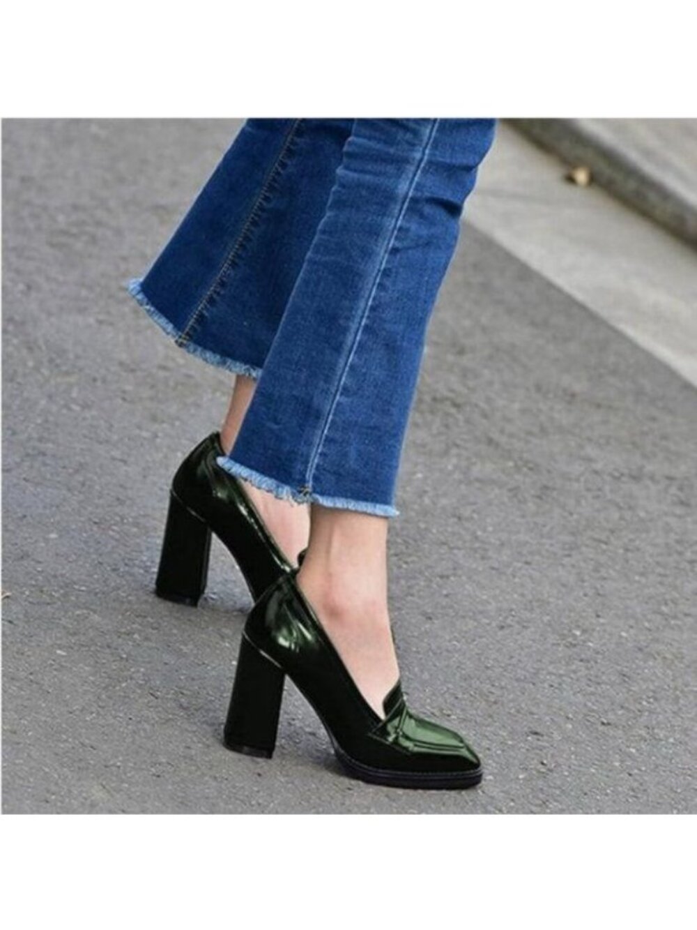 FOWT Dark Green High Block Heels Loafer Square Toe Pump Comfortable Walking Shoe
